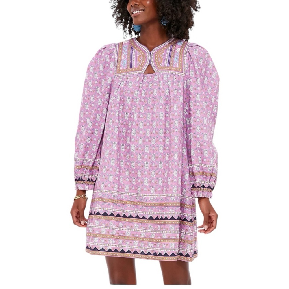 Sea New York Lilac Perry Border Puff Sleeve Tunic Dress Size Small Quilted